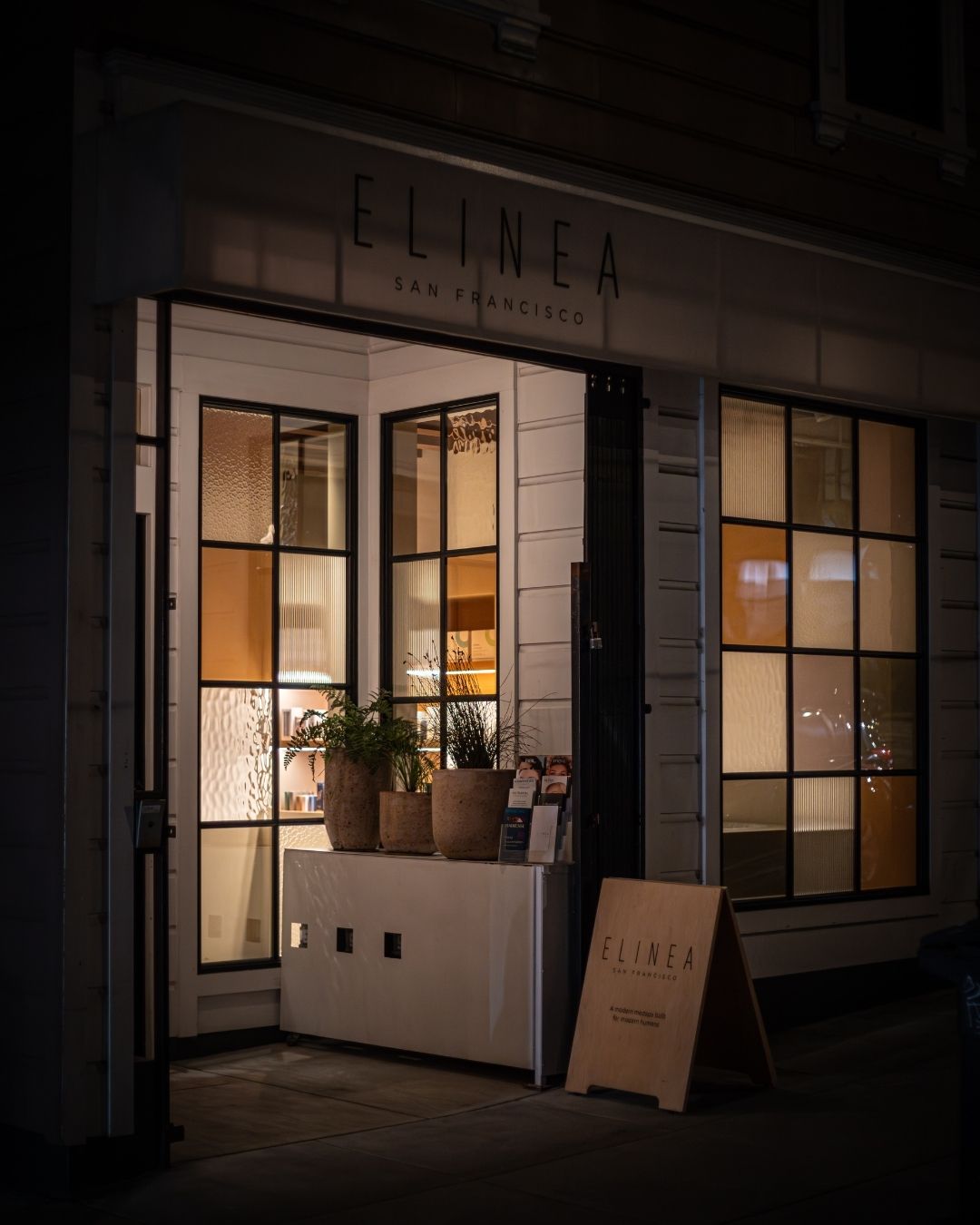 Elinea San Francisco storefront at night